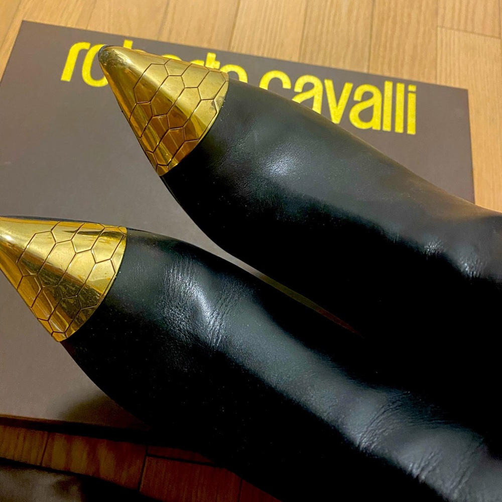 Roberto Cavalli black leather ankle boots silver size 38 - Picture 6 of 9